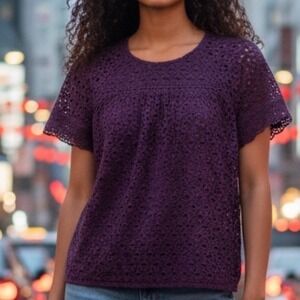 ✨J. Crew Purple Eyelet Cotton Lace Bloom Top Short Sleeve Boho Chic Womens Sz 0